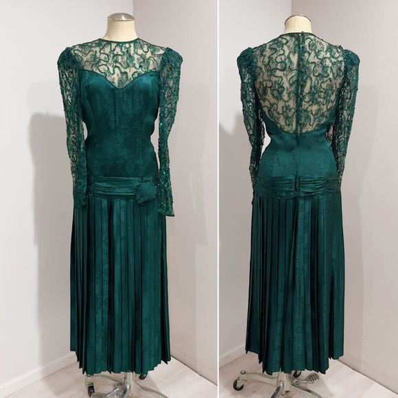 Jessica McClintock 1980s Vtg Green Long-sleeved Evening Gown Formal Dress Size 8 - Picture 1 of 9